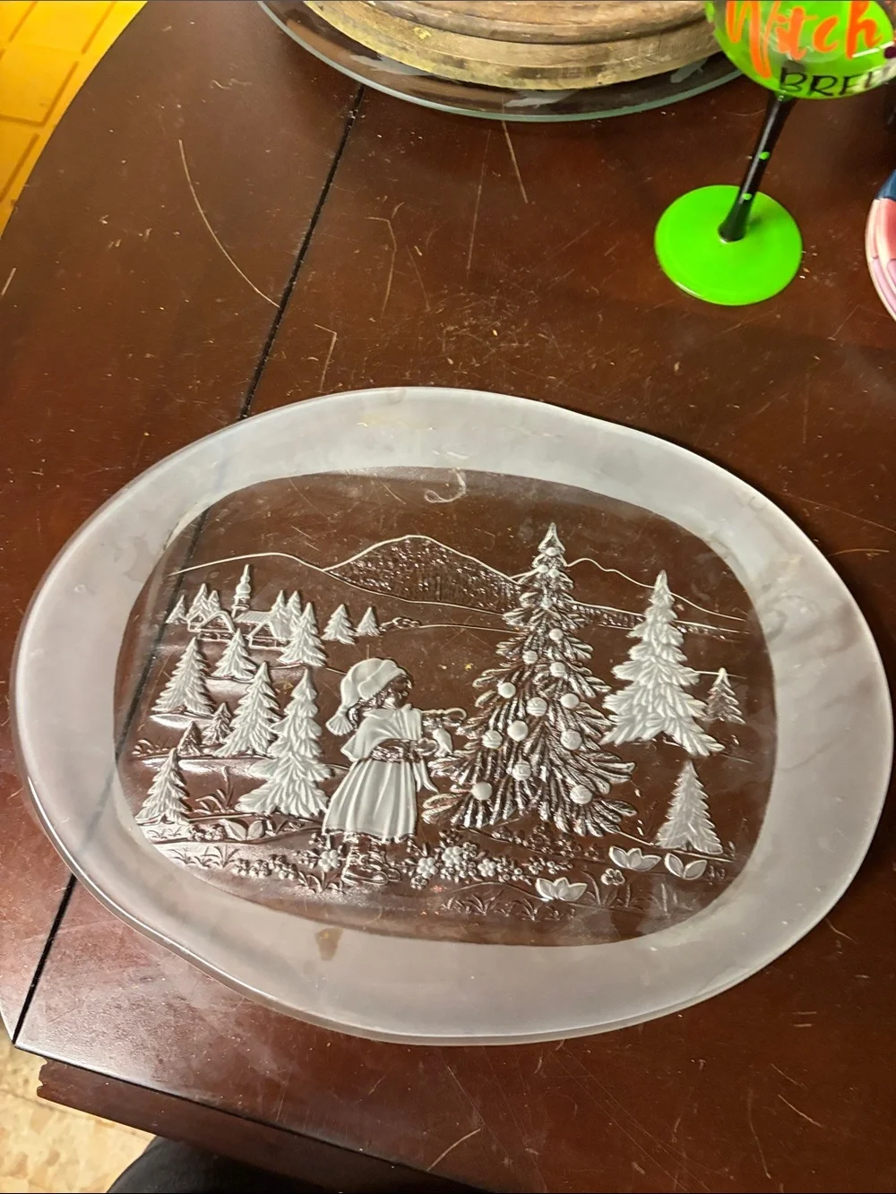 Etched Glass Holiday Serving Platter - Scenic Winter Tree Design